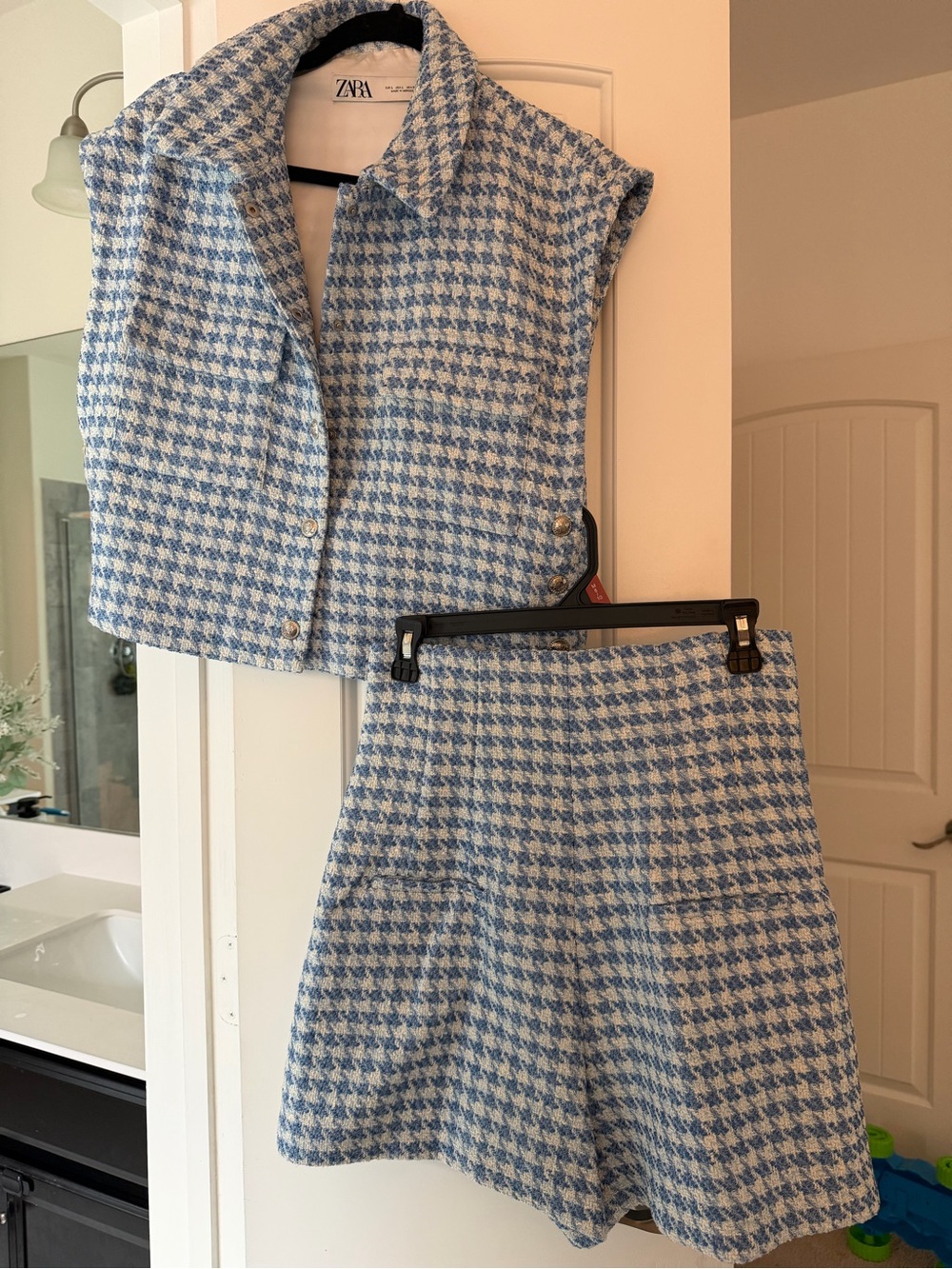Zara Light Blue and White Houndstooth Tweed Two-Piece Set